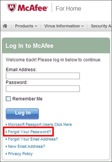 mcafee forgot password|McAfee .